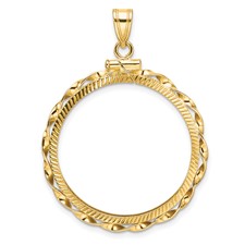 Image of Wideband Distinguished Coin Jewelry 14k Polished Hand Twisted Ribbon and Diamond-cut 27.0mm x 2.35mm Screw Top Coin Bezel Pendant