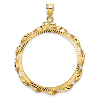Wideband Distinguished Coin Jewelry 14k Polished Hand Twisted Ribbon and Diamond-cut 30.0mm x 3.00mm Screw Top Coin Bezel Pendant