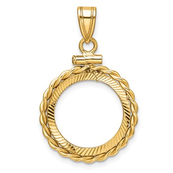 Wideband Distinguished Coin Jewelry 14k Polished Twisted Wire and Diamond-cut 16.0mm x 1.35mm Screw Top Coin Bezel Pendant
