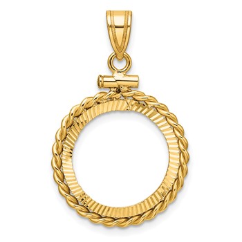 Wideband Distinguished Coin Jewelry 14k Polished Twisted Wire and Diamond-cut 16.5mm x 1.35mm Screw Top Coin Bezel Pendant