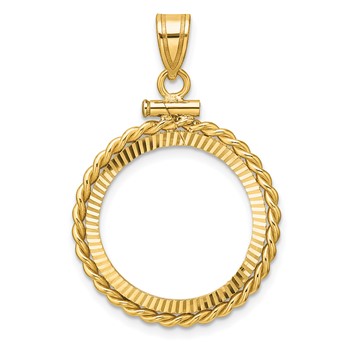 Wideband Distinguished Coin Jewelry 14k Polished Twisted Wire and Diamond-cut 19.0mm x 1.1mm Screw Top Coin Bezel Pendant