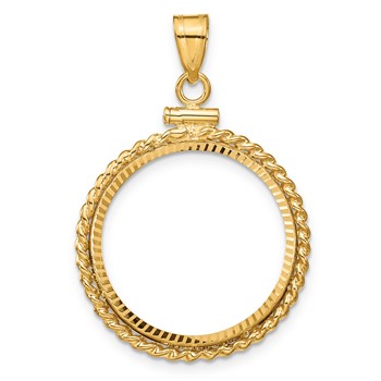 Wideband Distinguished Coin Jewelry 14k Polished Twisted Wire and Diamond-cut 20.2mm x 2.1mm Screw Top Coin Bezel Pendant