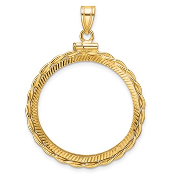 Wideband Distinguished Coin Jewelry 14k Polished Twisted Wire and Diamond-cut 27.0mm x 2.35mm Screw Top Coin Bezel Pendant