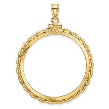 Wideband Distinguished Coin Jewelry 14k Polished Twisted Wire and Diamond-cut 32.0mm x 2.85mm Screw Top Coin Bezel Pendant