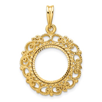 Wideband Distinguished Coin Jewelry 14k Polished Textured and Diamond-cut Victorian 13.0mm Prong Coin Bezel Pendant