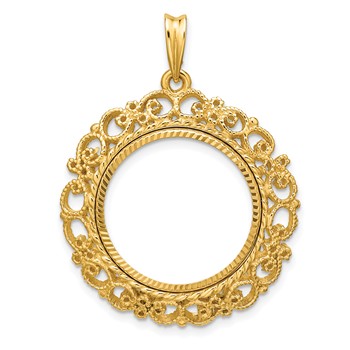 Wideband Distinguished Coin Jewelry 14k Polished Textured and Diamond-cut Victorian 19.5mm Prong Coin Bezel Pendant