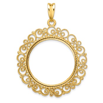 Wideband Distinguished Coin Jewelry 14k Polished Textured and Diamond-cut Victorian 27.0mm Prong Coin Bezel Pendant
