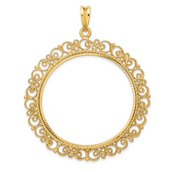 Wideband Distinguished Coin Jewelry 14k Polished Textured and Diamond-cut Victorian 39.5mm Prong Coin Bezel Pendant