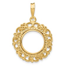 Image of Wideband Distinguished Coin Jewelry 14k Polished and Textured Victorian 13.0mm Prong Coin Bezel Pendant
