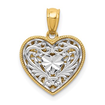 14K Two-tone Polished Diamond-cut Reversible Filigree Heart Pendant