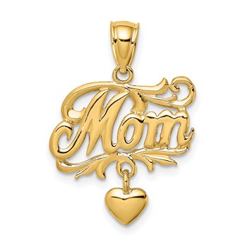 14k MOM with Dangling Heart Charm