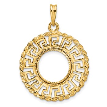 Wideband Distinguished Coin Jewelry 14k Polished and Diamond-cut Greek Key with Rope Border 13.0mm Prong Coin Bezel Pendant