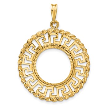 Wideband Distinguished Coin Jewelry 14k Polished and Diamond-cut Greek Key with Rope Border 16.5mm Prong Coin Bezel Pendant
