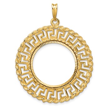Wideband Distinguished Coin Jewelry 14k Polished and Diamond-cut Greek Key with Rope Border 21.6mm Prong Coin Bezel Pendant