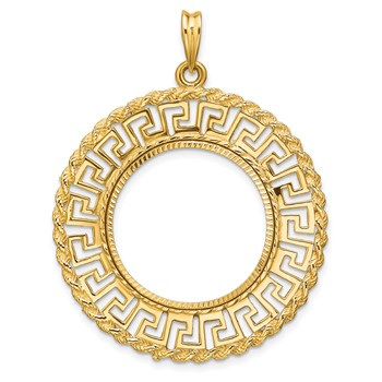 Wideband Distinguished Coin Jewelry 14k Polished and Diamond-cut Greek Key with Rope Border 22.0mm Prong Coin Bezel Pendant