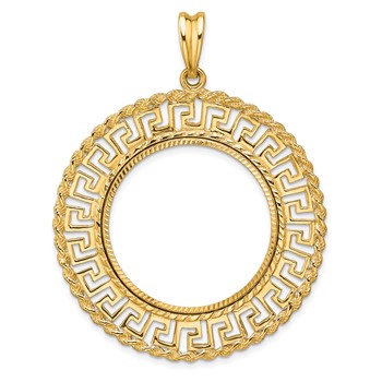 Wideband Distinguished Coin Jewelry 14k Polished and Diamond-cut Greek Key with Rope Border 27.0mm Prong Coin Bezel Pendant