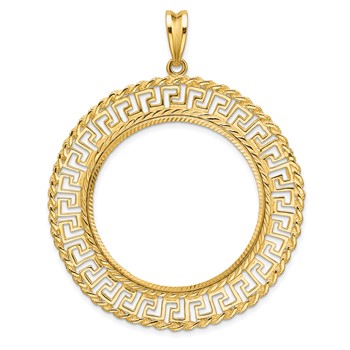 Wideband Distinguished Coin Jewelry 14k Polished and Diamond-cut Greek Key with Rope Border 32.7mm Prong Coin Bezel Pendant