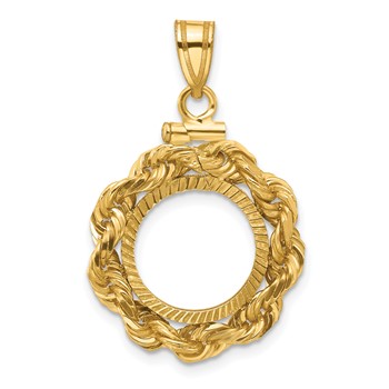 Wideband Distinguished Coin Jewelry 14k Polished Rope and Diamond-cut 13.0mm x 1.1mm Screw Top Coin Bezel Pendant