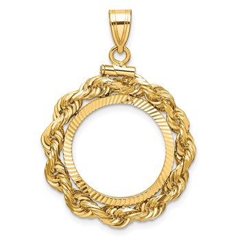 Wideband Distinguished Coin Jewelry 14k Polished Rope and Diamond-cut 18.0mm x 1.35mm Screw Top Coin Bezel Pendant