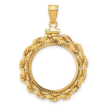 Wideband Distinguished Coin Jewelry 14k Polished Rope and Diamond-cut 20.0mm x 2.1mm Screw Top Coin Bezel Pendant