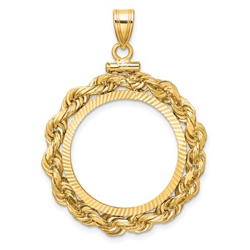 Wideband Distinguished Coin Jewelry 14k Polished Rope and Diamond-cut 21.6mm x 1.7mmScrew Top Coin Bezel Pendant