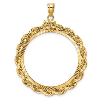 Wideband Distinguished Coin Jewelry 14k Polished Rope and Diamond-cut 32.0mm x 2.85mm Screw Top Coin Bezel Pendant