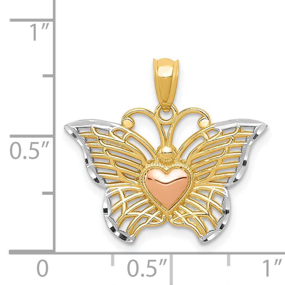 White Rhodium Butterfly with Heart Pendant Charm 19x21mm 14k Two-tone Gold Solid detailed image 4