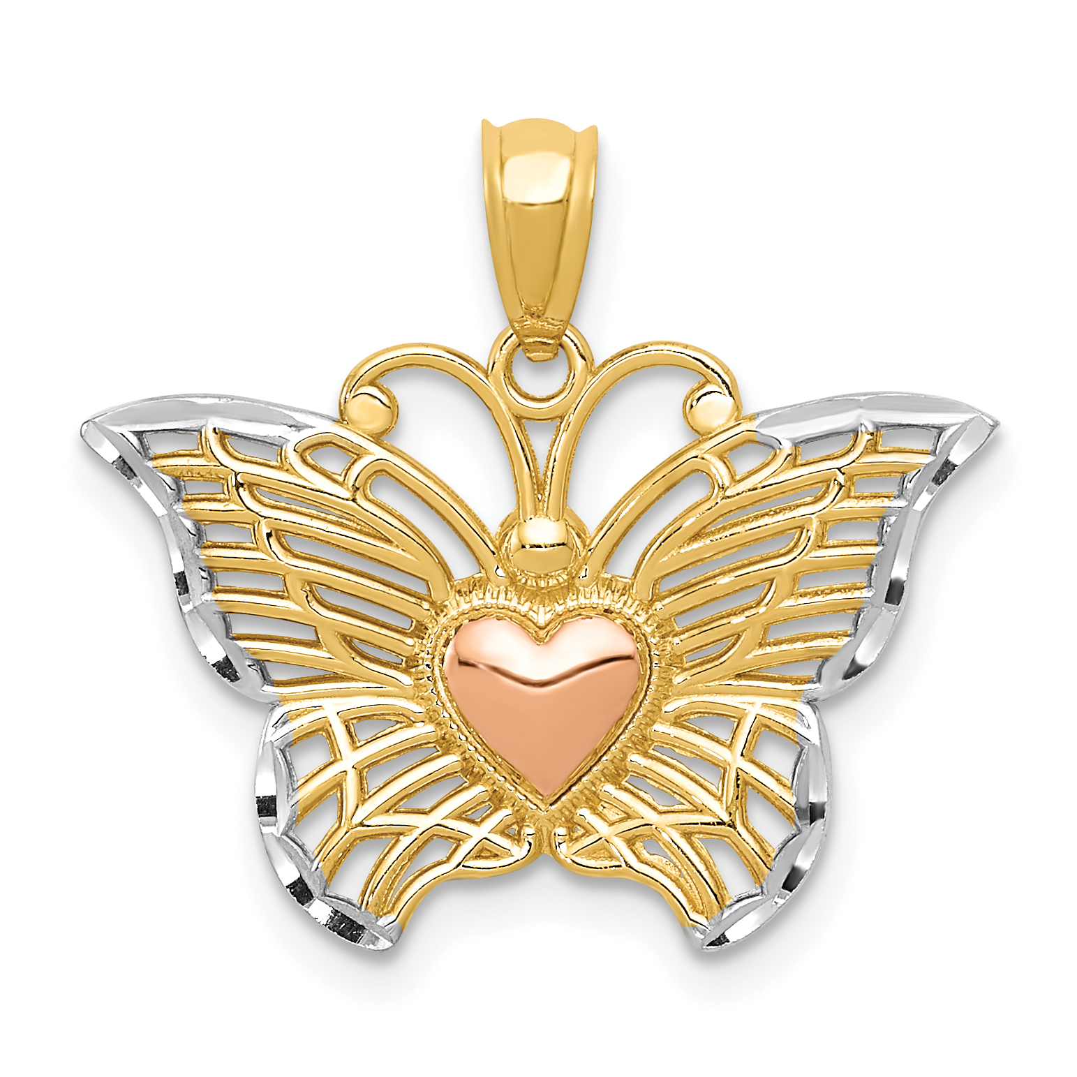 White Rhodium Butterfly with Heart Pendant Charm 19x21mm 14k Two-tone Gold Solid main product image