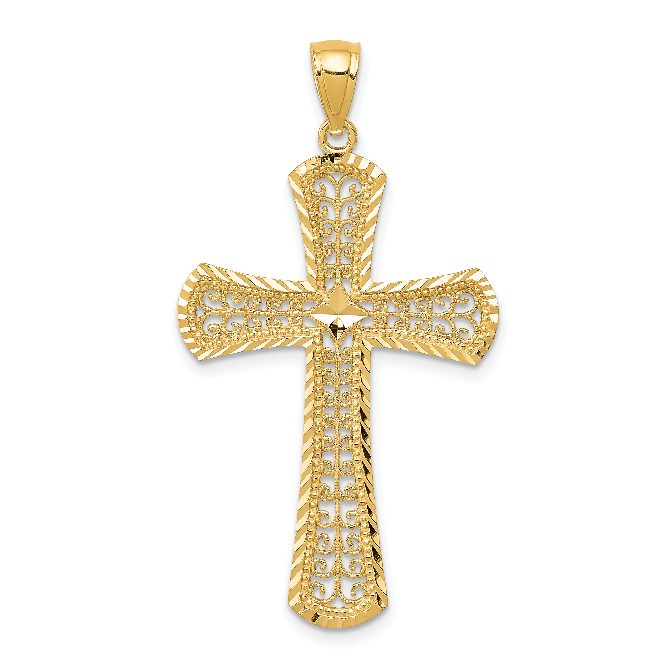 Real 14K Yellow Gold Diamond-cut Filigree Cross Charm Pendant 1.65 Inch - New main product image