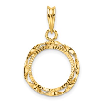 Wideband Distinguished Coin Jewelry 14k Polished Hand Twisted Ribbon and Diamond-cut 14.0mm Prong Coin Bezel Pendant