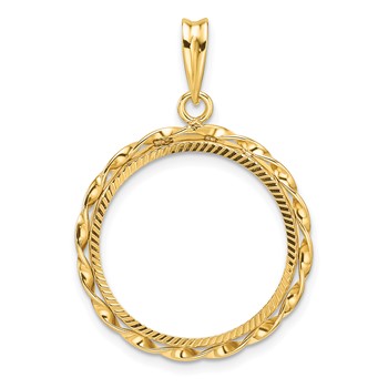 Wideband Distinguished Coin Jewelry 14k Polished Hand Twisted Ribbon and Diamond-cut 20.0mm Prong Coin Bezel Pendant