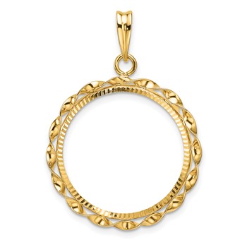 Wideband Distinguished Coin Jewelry 14k Polished Hand Twisted Ribbon and Diamond-cut 21.6mm Prong Coin Bezel Pendant