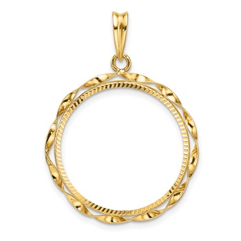 Wideband Distinguished Coin Jewelry 14k Polished Hand Twisted Ribbon and Diamond-cut 22.0mm Prong Coin Bezel Pendant