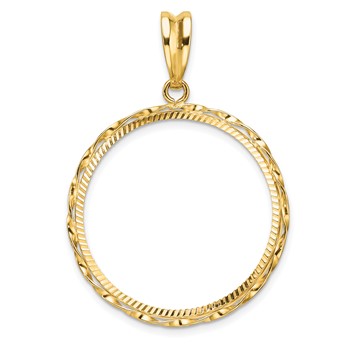 Wideband Distinguished Coin Jewelry 14k Polished Hand Twisted Ribbon and Diamond-cut 27.0mm Prong Coin Bezel Pendant