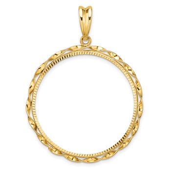 Wideband Distinguished Coin Jewelry 14k Polished Hand Twisted Ribbon and Diamond-cut 32.0mm Prong Coin Bezel Pendant