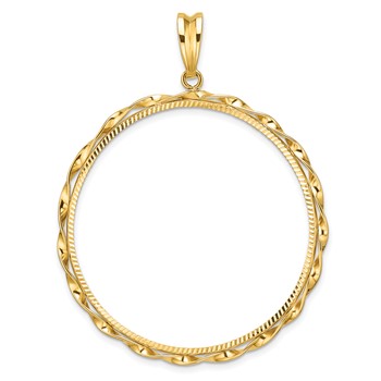 Wideband Distinguished Coin Jewelry 14k Polished Hand Twisted Ribbon and Diamond-cut 39.5mm Prong Coin Bezel Pendant