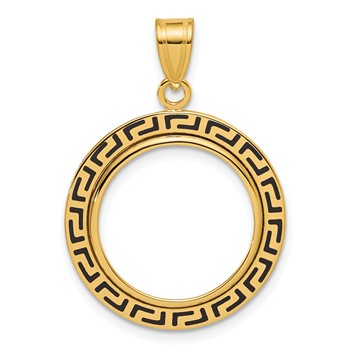 14k Polished and Black Enamel Greek Key with 16.5mm Prong Coin Bezel Pendan