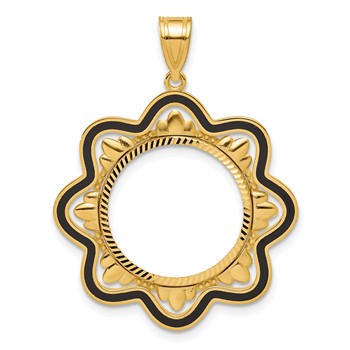 14k Diamond Cut Black Epoxy Wave with 16.5mm Prong Coin Bezel Pendant