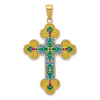14K Multi-color Acrylic Enameled Flower Center Budded Cross Pendant