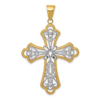 14K and White Rhodium Large Diamond-cut Filigree Cut-out Cross Pendant