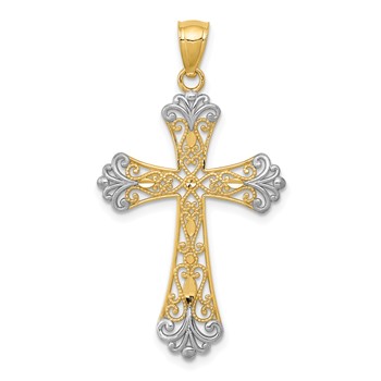 14k and White Rhodium Diamond-cut Cross Pendant