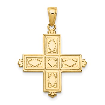 14K Etched Square Cross with Floral Reverse Pendant
