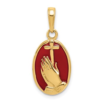 14K Red Enamel Praying Hands and Cross Oval Pendant