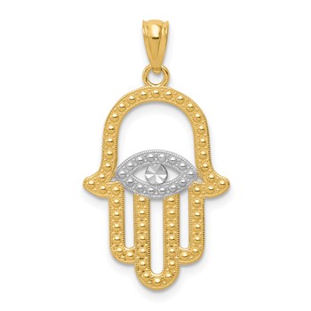 14K and White Rhodium Textured Hamsa and Evil Eye Pendant