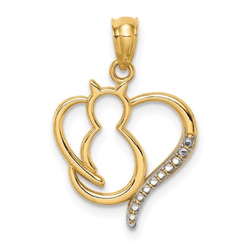 14K and White Rhodium Sitting Cat in a Heart Pendant
