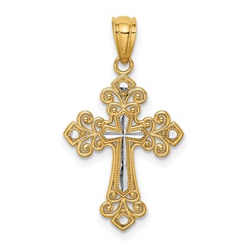 14K with White Rhodium Diamond-cut Cross Pendant