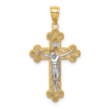 14K Two-Tone with White Rhodium Inri Budded Crucifix