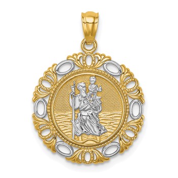 14K and White Rhodium Solid St. Christopher Medal Fancy Edge Round Pendant