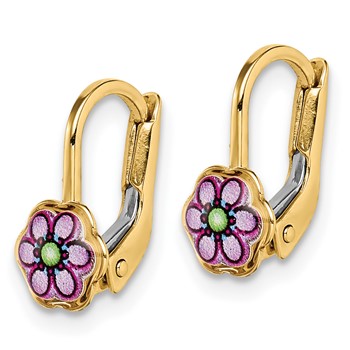 14K Enamel Flower Childrens Leverback Earrings — alternate view