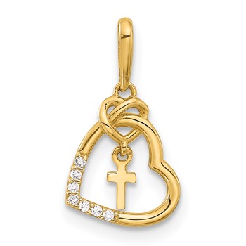 14k Polished CZ Heart with Cross Dangle Pendant